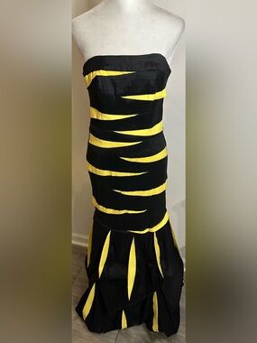 Vintage Jessica McClintock Strapless Black & Yellow Mermaid Dress - Size 2